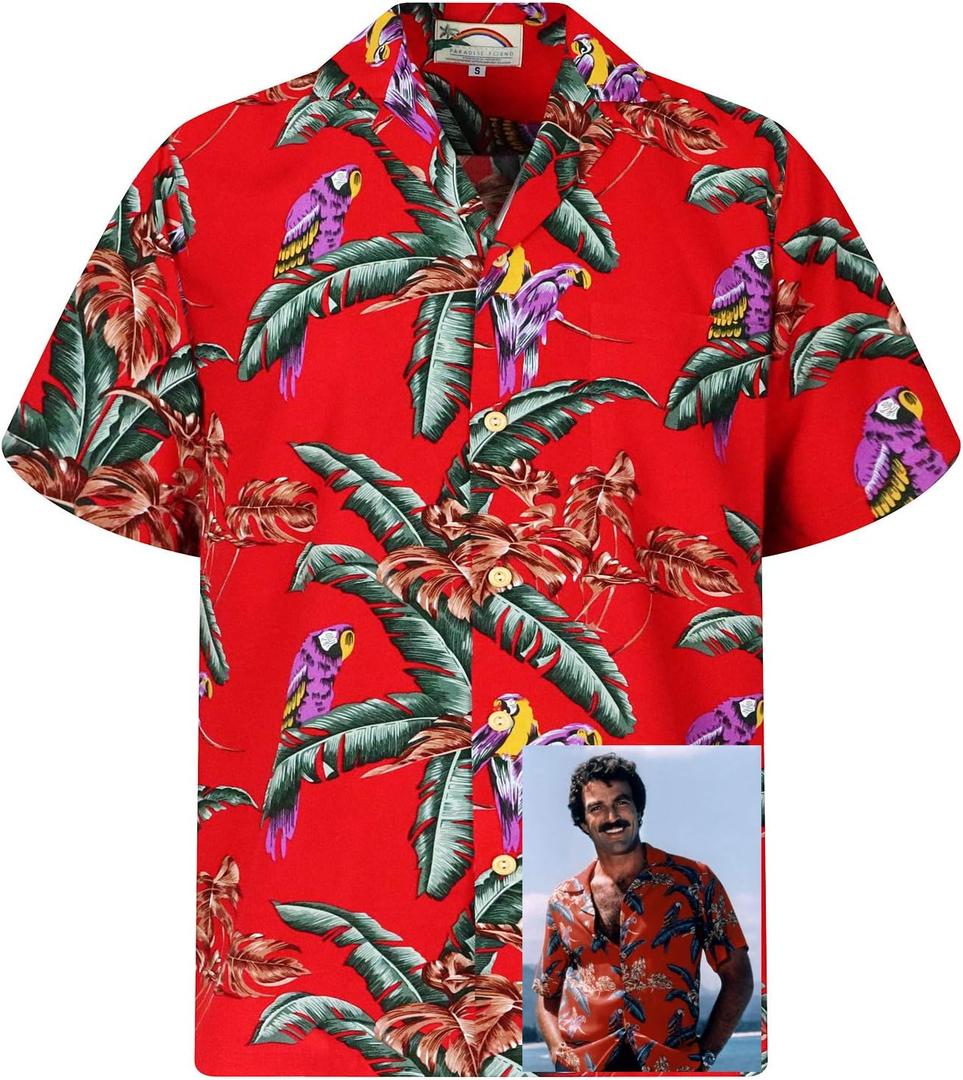 Paradise Found Mens Jungle Bird Tom Selleck Magnum PI Rayon Shirt (Red, XL)