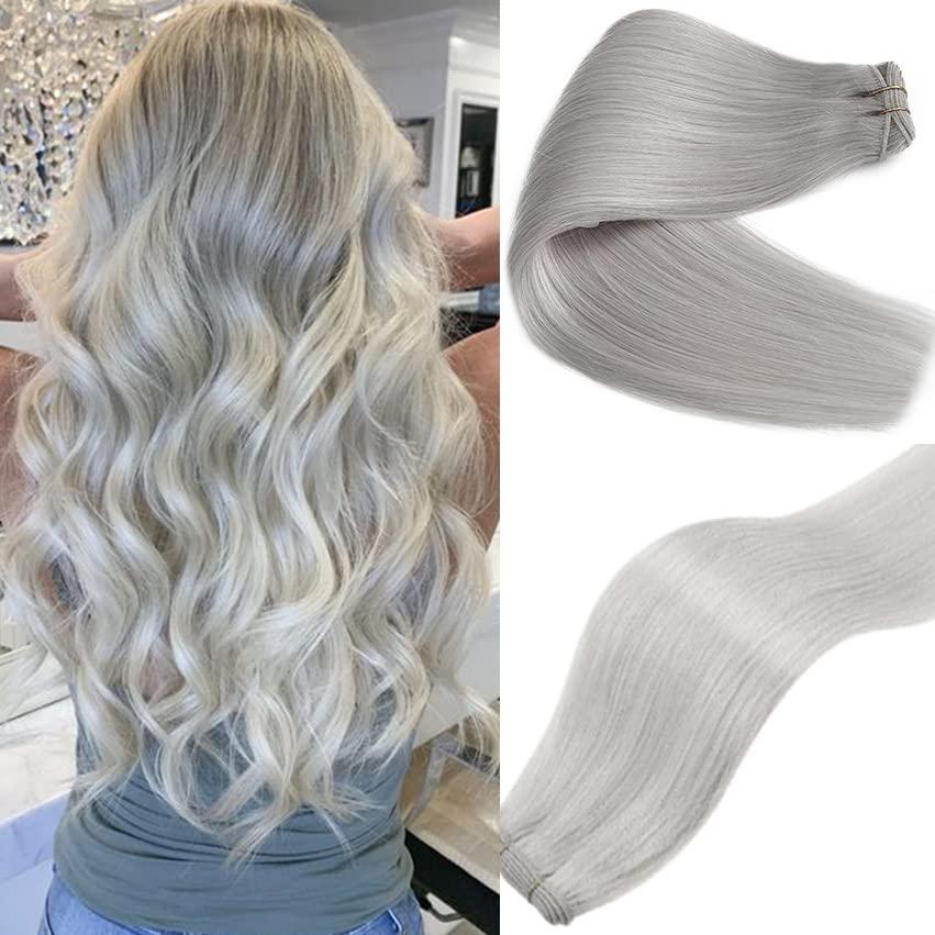 Smartinnov Silver Grey Sew in Hair Extensions Human Hair for Adding 12 Inch 80g Double Weft Bundles Hand Tied Grey Sew in Real Human Hair Bundles Extension for Women