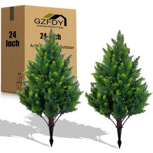 2Ft Artificial Cedar Topiary Trees (2-Pack) - UV Resistant Fake Shrubs with Ground Spike for Outdoor & Indoor Use, Front Porch, Garden Decor