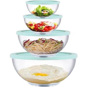 Glass Mixing Bowls with Lids Set, 8 Pieces Glass Salad Bowl Set with Lids(0.6QT,1.1QT,2.2QT,4QT) High Brosilicate Microwave Bowls for Kitchen Baking, Prepping Serving and Storage, Great Gift (Clear, Green)