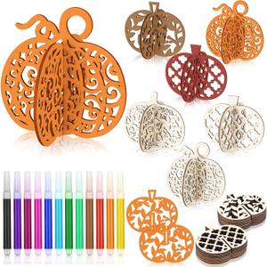 MotiMind 60 Pcs Fall Crafts Set 48 Pcs Wooden Pumpkin to Paint for Thanksgiving Crafts Unfinished Wood Slices 3D Wooden Pumpkin Cutouts with 12 Colored Pens for Autumn Harvest Tiered Tray Table Decor