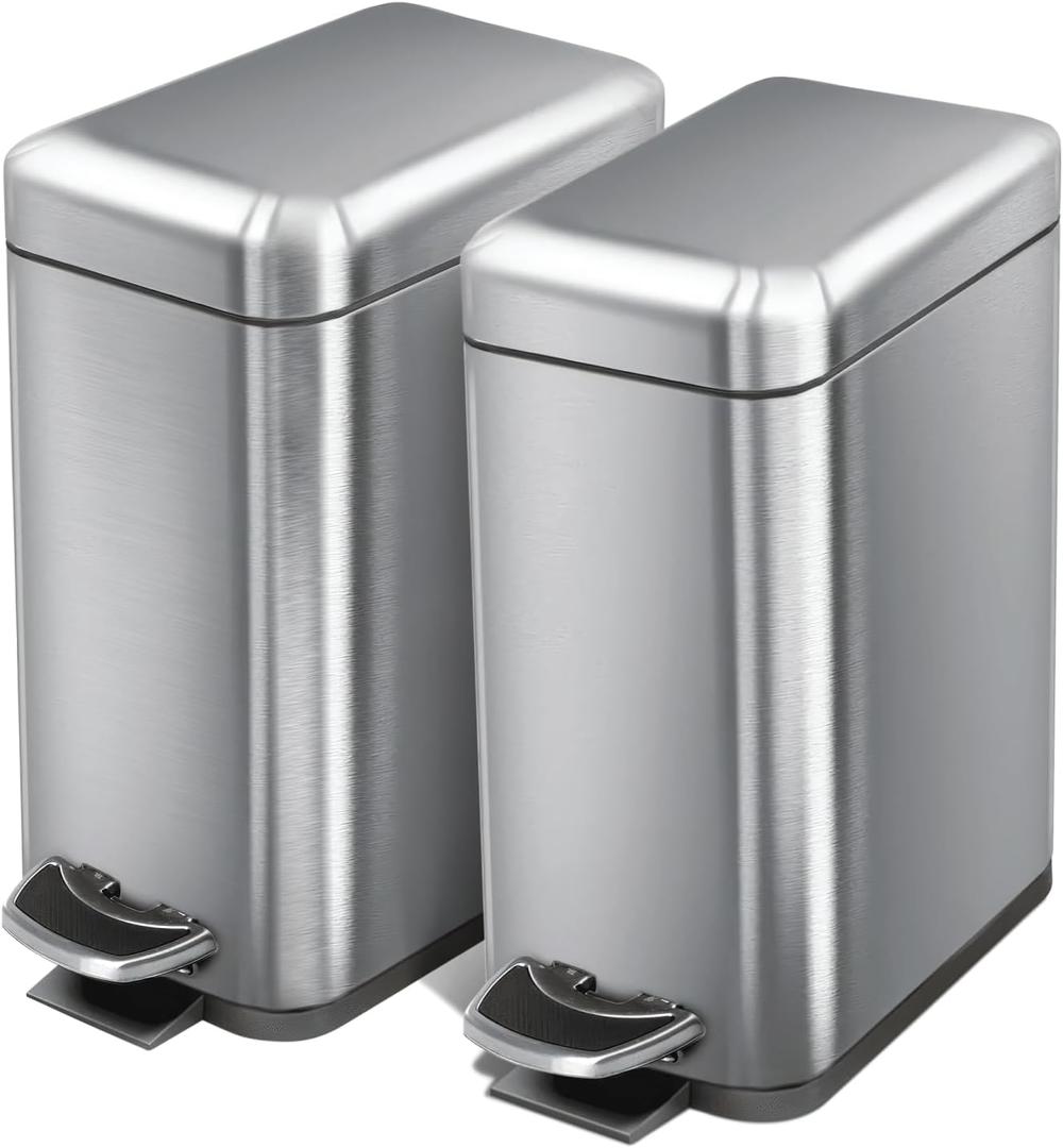 Home Zone Living 2-Pack 1.3 Gallon Small Bathroom Trash Can with Lid and Step Pedal, Stainless Steel Wastebasket with Slim Design for Home and Office, Silver, 5 Liters