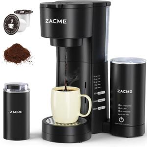 ZACME 4IN1 Single Serve Coffee Maker with Milk Frother & Grinder, Small Coffee Machine for K Cup & Ground, 28oz Water Tank, 6 to 14 oz Brew Sizes, Self-cleaning Function, Adjustable Drip Tray