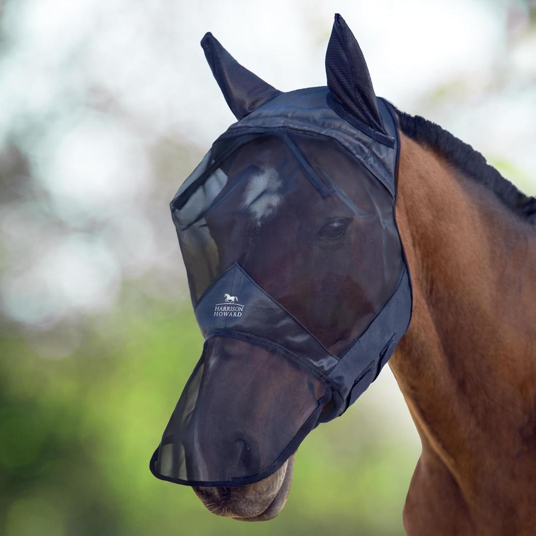 Harrison Howard CareMaster Horse Fly Mask Long Nose with Ears Full Face Black Large Full Size