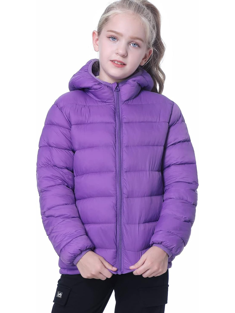 Hooded Puffer Jackets for Boys and Girls – Lightweight and Packable – Autumn and Winter Coat, Warm and Comfy, Purple, Size 14