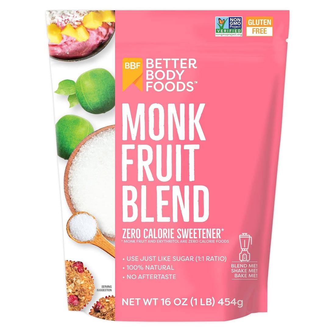 BetterBody Foods Monk Fruit Sweetener Blend, Raw Cane Sugar Substitute, Zero Calorie, Keto Diet Friendly, Zero Net Carbs, Zero Glycemic, Baking, Extract, Sugar Replacement, 1lb, 16 oz (EXP 02/14/26)