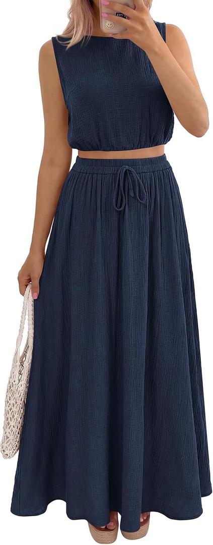 PRETTYGARDEN 2 Piece Sets for Women Summer Outfits 2026 Fashion Cotton Sleeveless Crop Top Long Maxi Skirt Set with Pockets L
