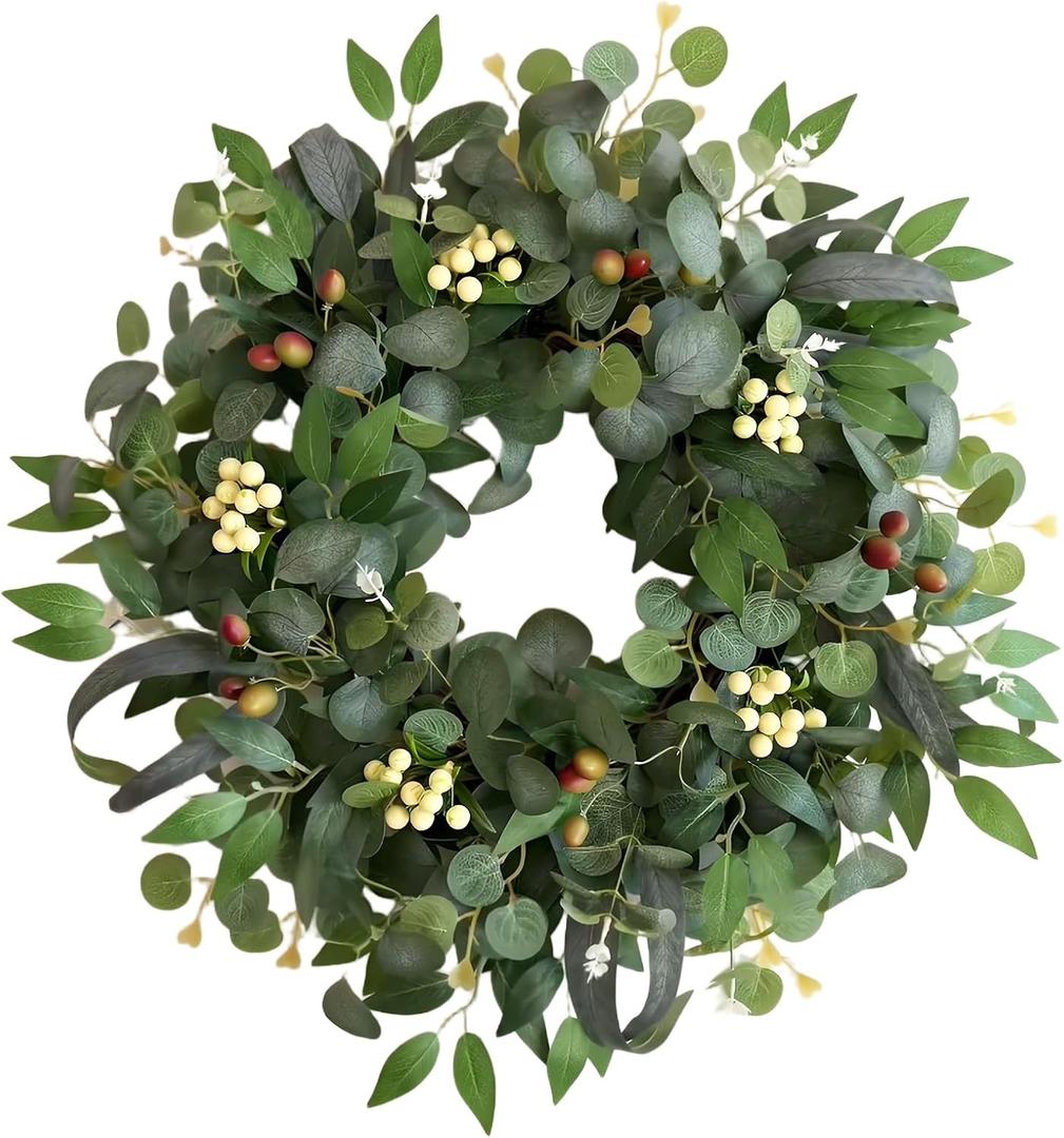 22-24" Eucalyptus Wreaths for Front Door,Spring Summer Fall Autumn Winter Wreaths,Large Eucalyptus Greenery Wreath with Olive Leaves Berries for Front Door Outdoor Farmhouse Decor All Seasons