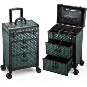 Adazzo Professional Rolling Makeup Train Case with Drawers, Makeup Case on Wheels, Nail Tech Rolling Cart Storage Organizer Trolley Make up Case for Travel Makeup/Nail Art/Hair Styling, Dark Green
