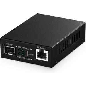 10G Fiber Media Coverter, 2 Port 10 Gigabit Binardat Ethernet Switch, 1 x 10G RJ45 Port, 1 x 10G SFP Port, Mini Metal Case Fanless, Unmanaged Plug and Play