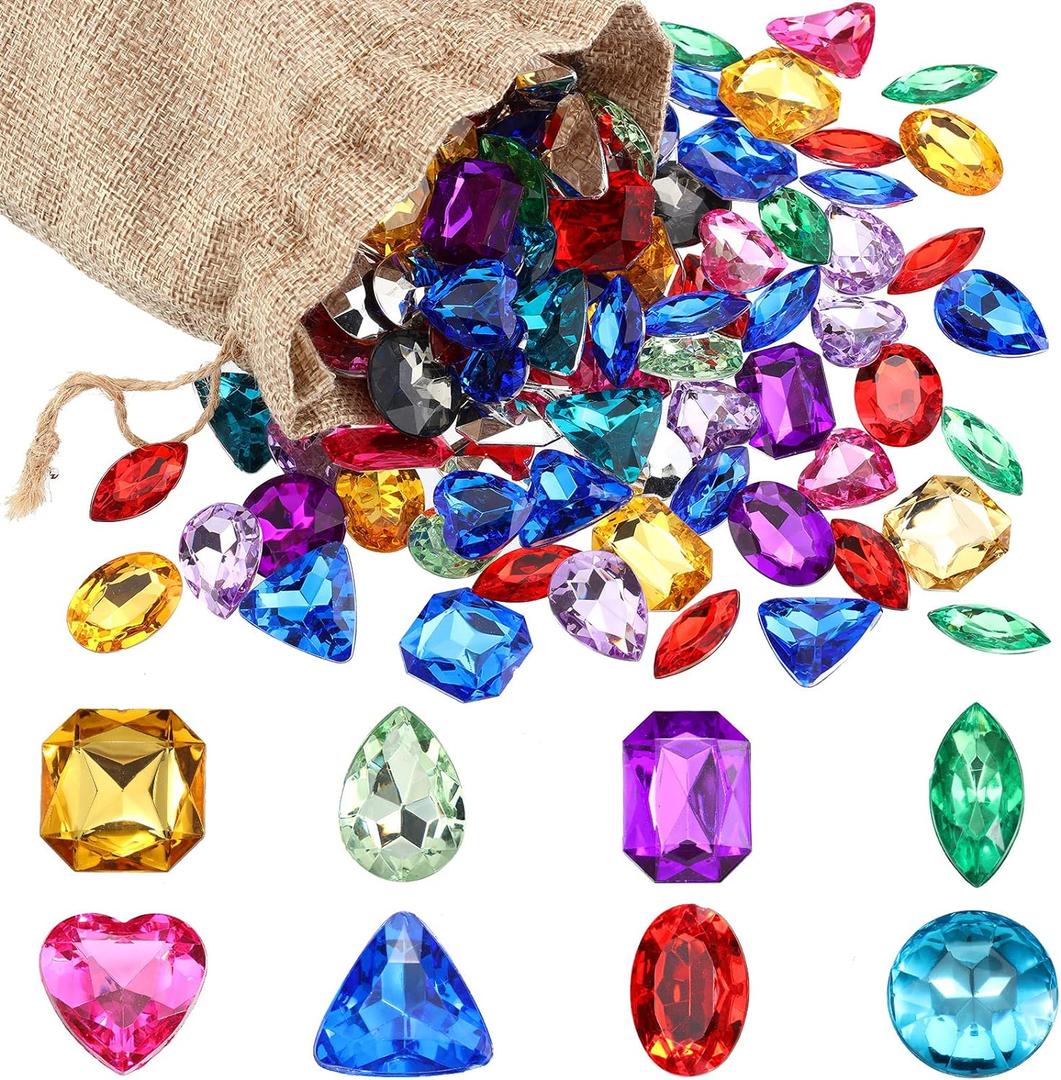 100 Pieces Toy Gems Pirate Treasure Jewels Fake Acrylic Gems Multicolor Bling Diamonds Plastic Gemstones with a Drawstring Bag for Party Table Decorations Sensory Bin Filler Pirate Party Favors