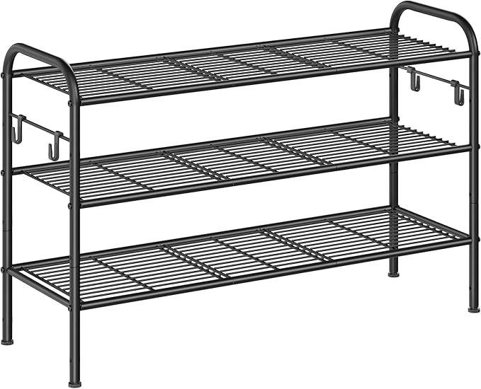 SONGMICS Shoe Rack, 3Tier Shoe Organizer, Metal Shoe Shelf Storage with 4 Side Hooks, Holds 16 Pairs of Shoes, HeightAdjustable Shoe Rack for Entryway, Hallway, Closet, Ink Black ULMR138B01