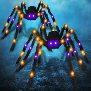 2 Pack 50 Inch Large Light Up Halloween Spider Decorations, 26 LED Orange Purple Lights Battery Operated Realistic Black Spider Scary Halloween Decor Outdoor Indoor Spider Web Yard Haunted House Party