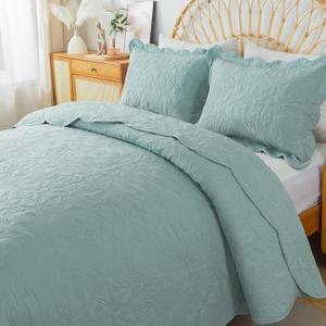 HoneiLife Quilt Set Queen Size - 3 Piece Queen Quilt Bedding Set Microfiber Quilt Sets Lightweight Bedspreads Reversible Coverlets Retro Bed Cover Floral Bedding Set All Season Quilts-Sage Green