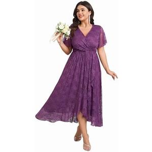 SCOMCHIC Womens Plus Size Wedding Guest Dress Formal Lace Wrap V Neck High Low Short Sleeve Cocktail Maxi Dresses,L
