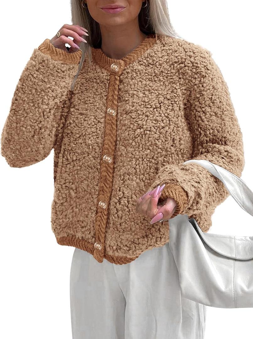 PRETTYGARDEN Women's Faux Fur Coat 2026 Fall Fuzzy Fleece Button up Shearling Cropped Jackets Winter Trendy Outerwear (Brown, XXL)