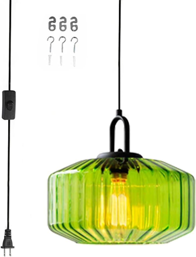Plug in Pendant Light Green Glass Pendant Lamp Plug in Pendant Light Fixtures Mid Century Modern Hanging Lamp with Cord On/Off Switch Striped Glass Swag Light Dining Room Ceiling Lamp