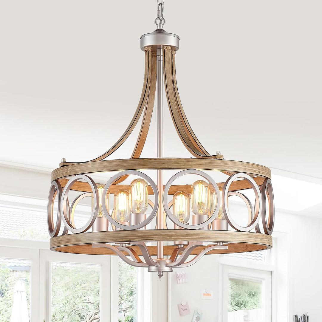 XINGQI Brushed Nickel Dining Room Chandelier 6 Lights Modern Farmhouse Chandelier 21.7" Round Hanging Lighting Fixture Rustic Metal Drum Pendant Lamp for Entryway Bedroom Kitchen