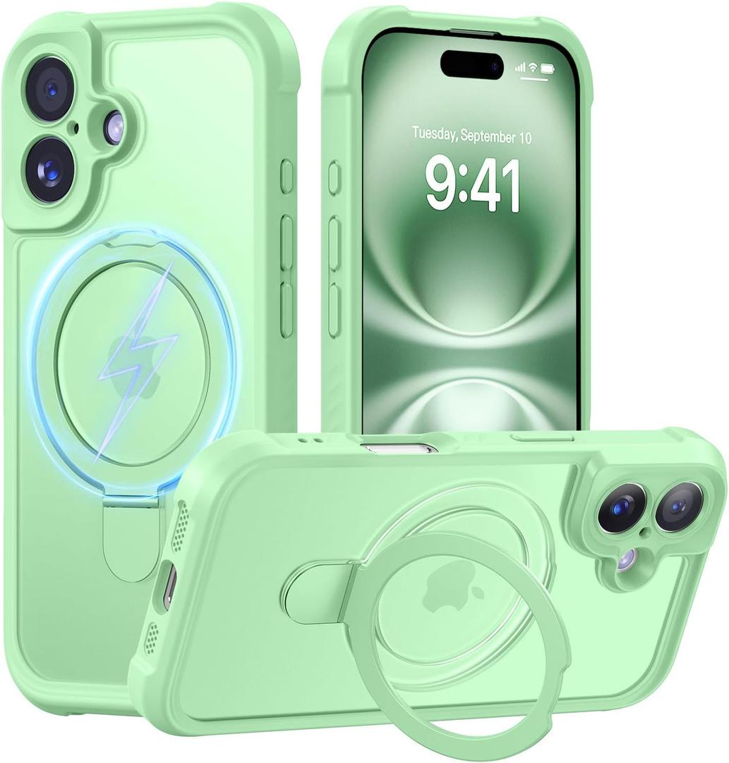 MOCCA Design for iPhone 16 Case with Magnetic Invisible Stand [Full Camera Protection] [Compatible with Magsafe] Military Drop Shockproof Translucent Matte Phone Case Cover 6.1",Matcha Green