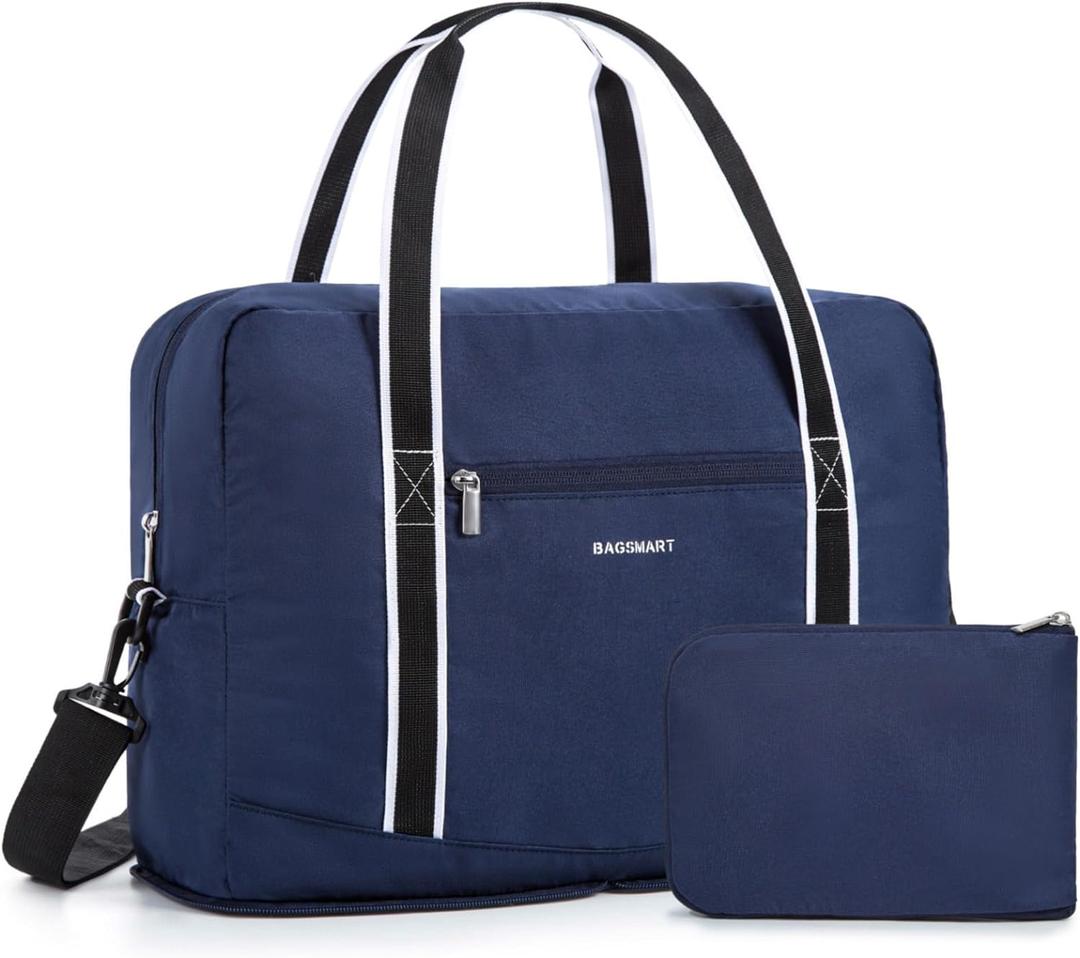 BAGSMART For Spirit Airlines Personal Item Bag 18x14x8, Foldable Travel Duffel Bag Tote Weekend Overnight Bag Carry on Luggage for Women and Men(Navy Blue)) (Medium)