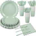 175 Pcs Party Plates and Cups and Napkins Sets, 9" Easter Plates, 7" Dessert Plate, 9oz Cups & Cutlery, 25 Guest Scalloped Sage Green Party Supplies for Easter, Bridal Baby Shower, Birthday
