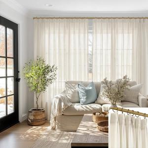 SHINELAND 90 Inch Pinch Pleated Linen Curtains,70x90 Long 2 Panels Sheer Light Filtering Cream Farmhouse Curtains for Living Room (Natural)