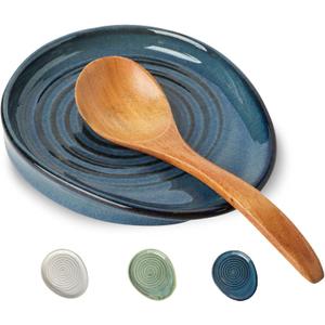 Ceramic Spoon Rest for Stove Top, Spoon Holder for Kitchen Counter, Farmhouse Cooking Utensil Holder for Spoons, Ladles, Spatula, Glazed Blue