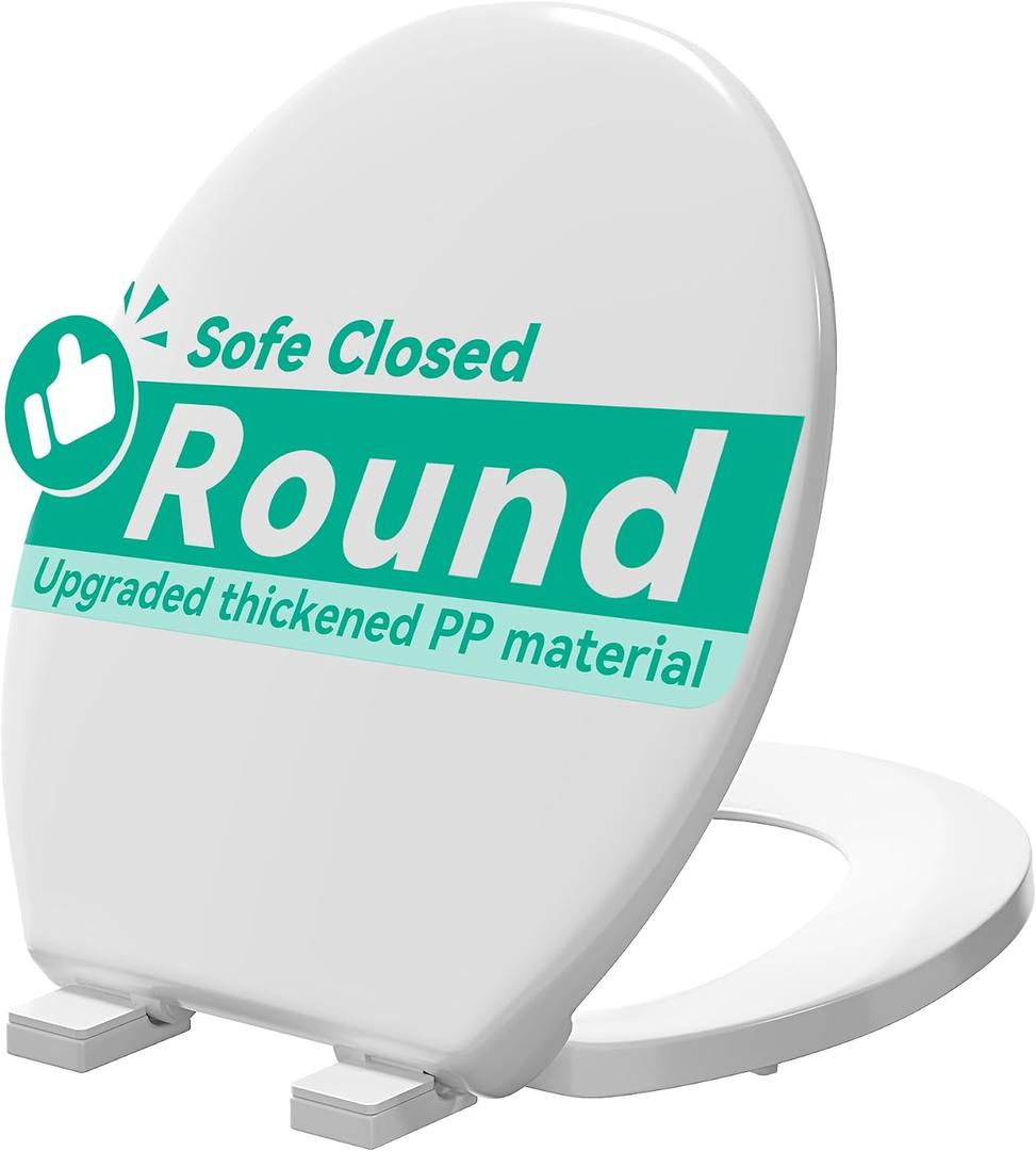 Toilet Seat, Round Toilet Seat with Slow Close Hinges, Never Loosen, Easy Installation and Cleaning, For Most Standard Round Toilet Seats(16.5"), Two Sets of Parts, Durable Plastic