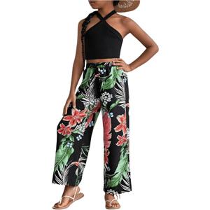 OYOANGLE Girl's 2 Piece Clothing Sets Outfits Sleeveless Halter Crop Top and Tropical Print Pants Sets (Black Multi, 11-12 Years) OYOANGLE Girl's 2 Piece Clothing Sets Outfits Sleeveless Halter Crop Top and Tropical Print Pants Sets (Black Multi, 11-12 Years)