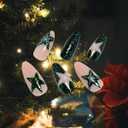 Christmas Press on Nails Medium Almond Fake Nails Green False Nails White Snowflake Glue on Nails Glossy Glitter for Nails Press on Acrylic Nails Star Stiletto Nails Stick on Nails for Women and Girls