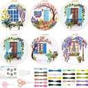 BEUNITONE Windows Flowers Embroidery Kit, 6PC Vintage Garden Scene with Birds Cat, Cottage Core Needlepoint Kits for Adults Beginners, DIY Home Decor Gift