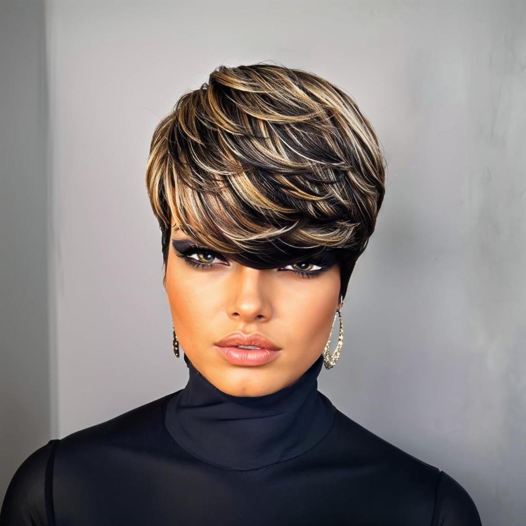 Short Layered Wavy Curly Wig with Bangs Brown Highlights Human Hair Pixie Cut Wig for Black Women Mixed Brown Color Daily Wear 1B/613/30#