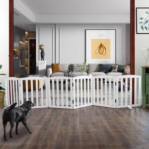 ZJSF Folding Freestanding Indoor Pet Gate for House, Wood, White Dog and Puppy Gates, Stair and Hallway Use, 24" Height-6 Panels, Support Feet Included (6 Panels120W x 24''H)