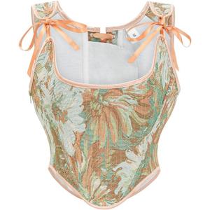 Dreay Womens Vintage Asymmetrical Hem Overbust Corset Tie Front Lace-up Back Bustier Shapewear Top (XX-Large, Cream Daisy)