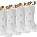 DIYASY White Christmas Stockings, 4 Pack Large Faux Fur Christmas Stockings with Silver Sequin Snowflakes Personalized Christmas Stocking for Fireplace Hanging and Holiday Party Decoration 17.5 Inches