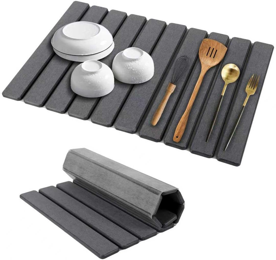 Stone Dish Drying Mat for Kitchen Counter, 24''15'' Dishes Drying Matt Kitchen Counter, Absorbent Diatomaceous Earth Bath Quick Dry Mats for Tableware, Bottles and Cup (Dark Grey)