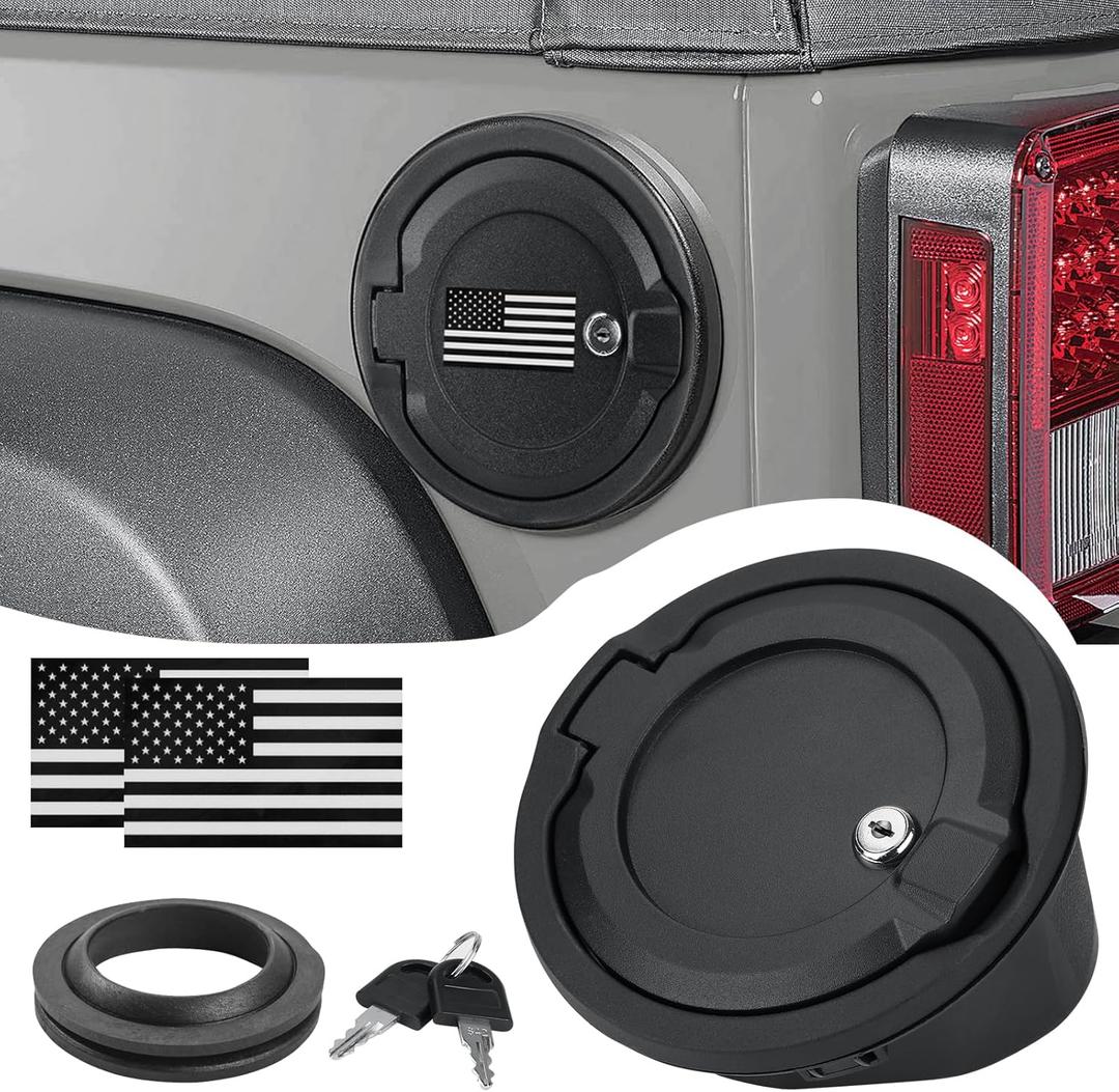 Locking Fuel Filler Door Cap Black Lock Gas Cover Cap Compatible with Jeep Wrangler 2018-2024 JL & JLU 2 door and 4 door & US Flag Sticker Accessories