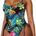 Viottiset Women's Ruched High Cut One Piece Swimsuit Tummy Control Bathing Suit Monokini (Large, Dark Green Plant Printed)