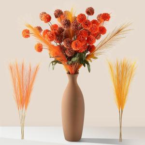 Faux Fall Flowers Artificial Mums 10 Stems +10 Branches Pampas Grass,Long Stems Silk Flowers Autumn Home Decor,Fake Floral Pompon For Table Vase Filler,Halloween Centerpieces,Wedding Arrangements (Dust Orange/Orange Red(Mix))