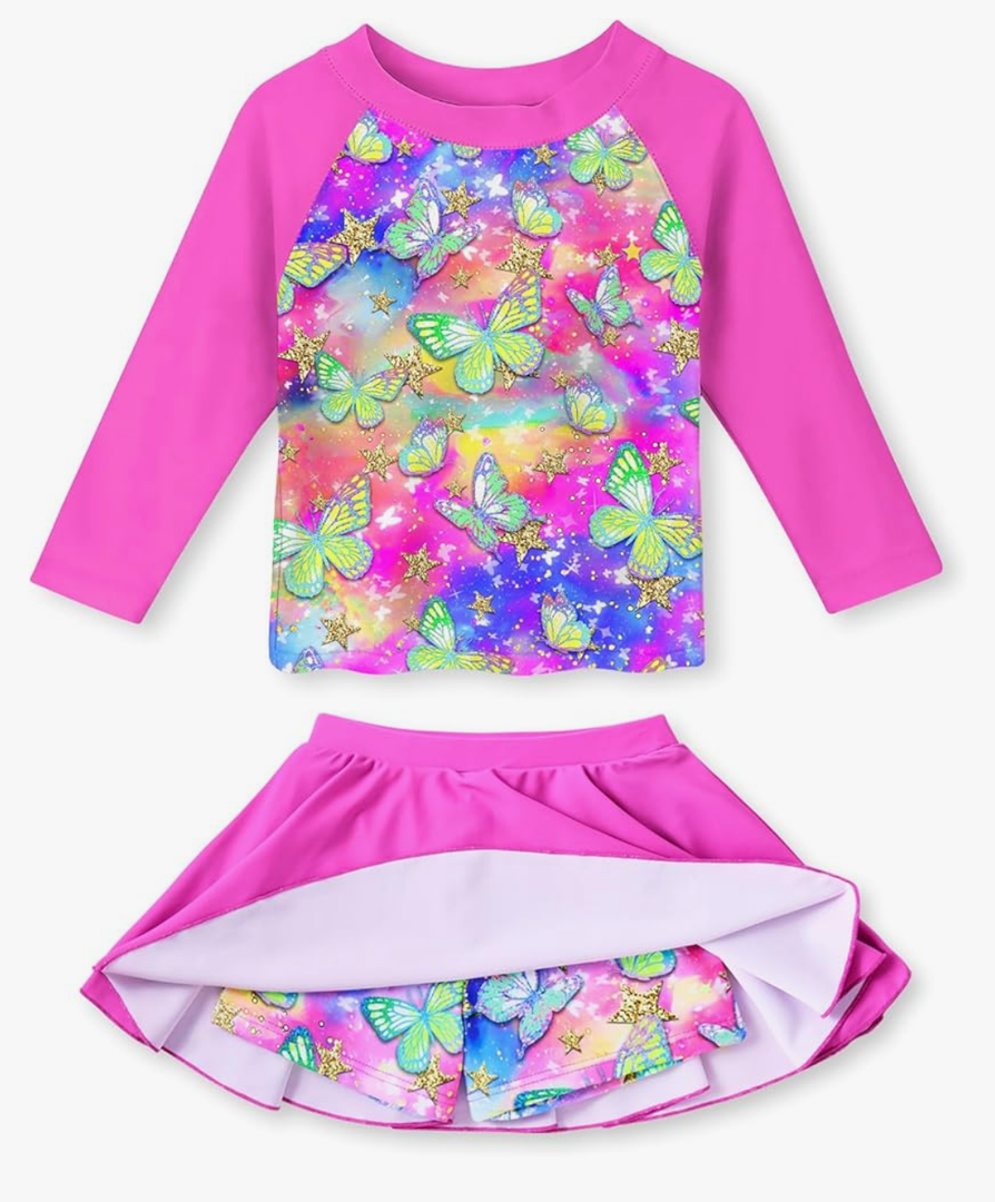 Idgreatim Girls Swimsuit Rash Guard Set Long Sleeve Two Piece Bathing Suit Size 5-6 Years