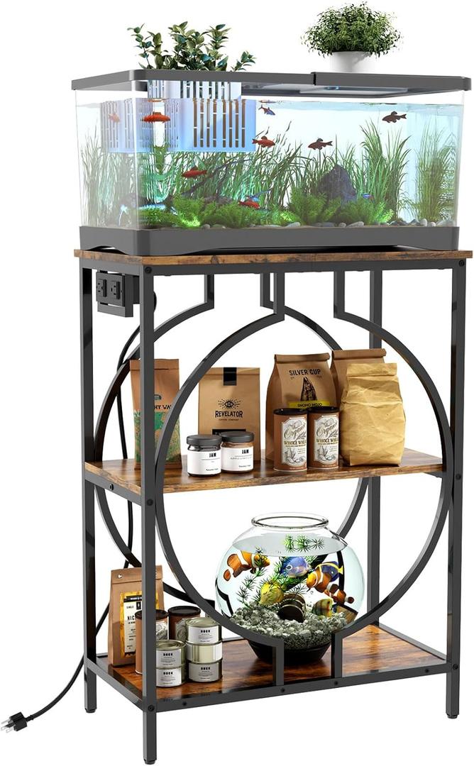 10 Gallon Aquarium Stand with Power Outlet, 3 Tier Heavy Duty Metal Fish Tank Stand with Storage, Fish Tank Table for Home Office, 21.3" x 11.8" x 29", Rustic Brown