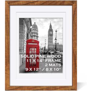 11x14 Picture Frame Solid Wood Display 8x10 Picture Frame or 9x12 with Mat or 11x14 Frame without Mat - Photo Frame 11x14 inch with 2 Mats for Wall Mounting or Table Top