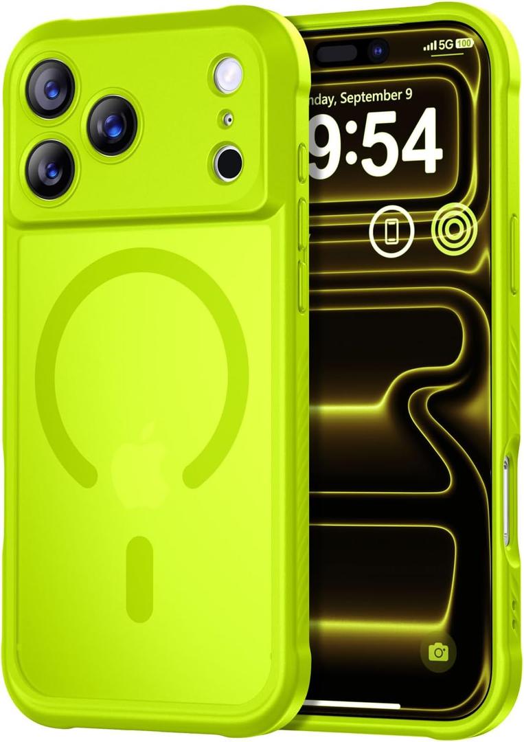 Thomo Magnetic for iPhone 17 Pro Max Case, [Compatible with Magsafe] [Full Camera Protection] Translucent Matte Military Grade Shockproof with Anti-Fingerprint Phone Cover 2025, Fluorescent Green