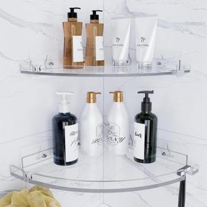 Acrylic Corner Shower Shelves, Adhesive Shower Caddy Organizer for Bathroom Storage Home Decor, Clear Rustproof No Drilling Wall Shelf, 2-Pack