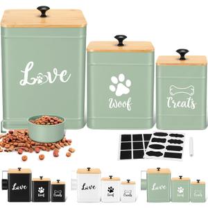Metal Dog Treat Containers Set of 3 with Bamboo Lids and Spoon Airtight 7+3+2 lbs Dog Food Snack Jars with DIY Labels Big Pet Cookie Storage Jar for Kitchen Counter (Sage Green,Cute)