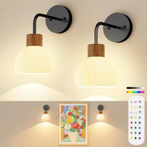 Glass Battery Operated Wall Sconces Set of 2, Rechargeable Wall Lamp with Remote, 12 Colors Dimmable Wireless Sconces Wall Decor Set of 2 with Timer for Bedroom Living Room (Black, 2 Pack)