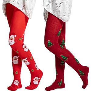 Aaronano 2 Pairs Girls Patterned Red Tights Christmas Holiday Stockings Kids Snowflake Printed Tights for Girls 4-10t