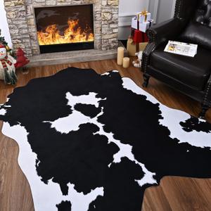 Comeet Faux Cowhide Rug 4 x 3 Feet, Medium Cow Rug Thickened Cow Print Rug, Non-Slip Faux Animal Printed Area Rug Western Decor Carpet for Living Room Bedroom, Black