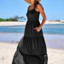 ANRABESS Women's Summer Casual Long Maxi Beach Vacation Dresses Sleeveless Square Neck Flowy Tiered Sun Dress with Pockets (Black, M)