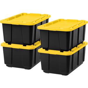 IRIS USA 27 Gallon Heavy Duty Truck Bed Toolbox Storage Tote Bins with Lids, 4 Pack - Made in USA, Tough Snap On Lid Stackable Industrial Rugged Tubs, Garage Organization, Reusable Box - Black/Yellow (27 Gal - 4 Pack)